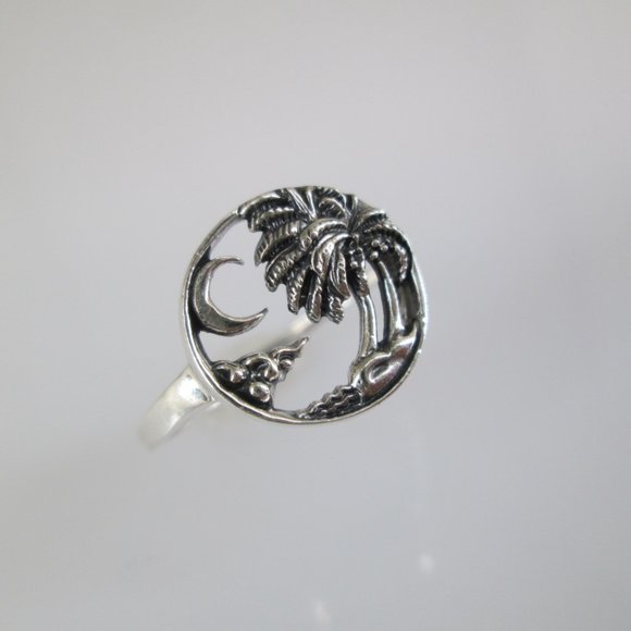Sterling Silver Coconut Palm Tree and Crescent Moon ring>925 Palm Tree ring - Picture 6 of 7